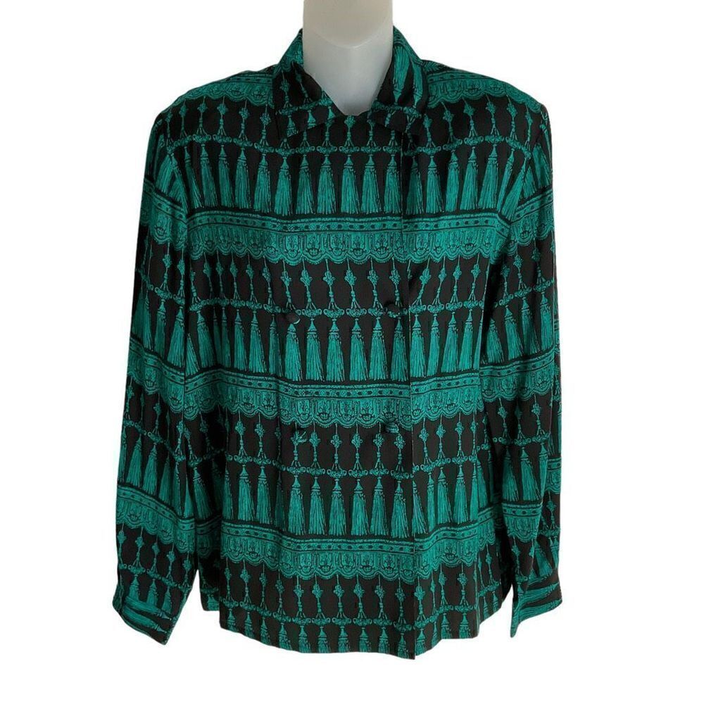 Ann May Blouse Silk Button Down Black Green Tassel Print Long Sleeve Medium